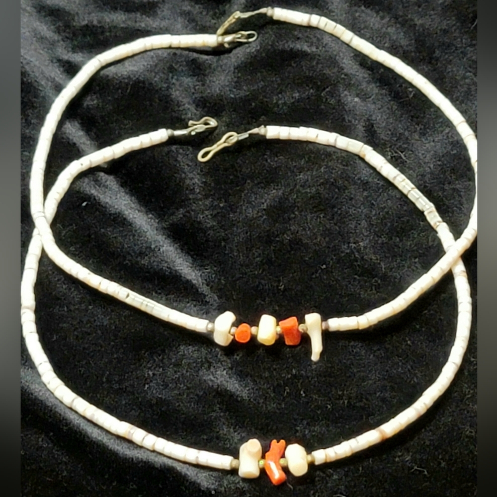 2 Vintage Matching Santo Domingo Heishi Necklaces. Shell, Coral, And Metal.